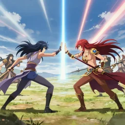 spirit souls fighting on a battlefield to the death beams. hyperrealistic anime background illustration by kim jung gi, colorful, extremely detailed intricate linework, smooth, super sharp focus, bright colors, high contrast, matte, octopath traveler, unreal engine 5 highly rendered, global illumination, radiant light