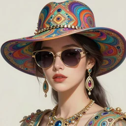 close up of a beautiful woman at burning man wearing a kaleidoscopic psychedelic hat and sunglasses, fantasy, intricate, elegant, highly detailed, digital painting, artstation, concept art, smooth, 8 k, sharp focus, illustration, art by artgerm and greg rutkowski and alphonse mucha