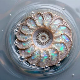 mandelbrot, art nouveau cresting oil slick waves, hyperdetailed bubbles in a shiny iridescent oil slick wave, ammolite, detailed giant opalized ammonite shell, black opal, abalone, paua shell, ornate copper patina medieval ornament, rococo, organic rippling spirals, octane render, druzy geode, cresting waves seafoam