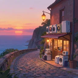 a lonely cobblestone street with a business selling electrical appliances, a lantern, on a cliff over the sea at sunset, artstation, colorful sylvain sarrailh concept art, by peter chan, pixar movie