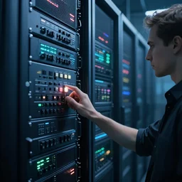 very detailed android pushes a button on a sci - fi server rack in a cyberpunk data center. concept by greg rutkowski, conrad roset, takato yomamoto, james jean, rule of thirds, seductive look. octane render from odyssey 2 0 0 1 by stanley kubrick and mendosa