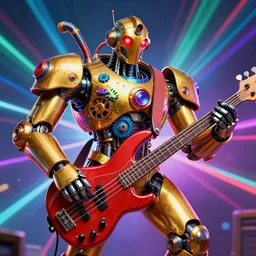 portrait photo of a giant huge golden and blue metal humanoid steampunk robot bass guitar player with multicolored big gears and tubes, a red bass guitar, eyes are glowing red lightbulbs, shiny crisp finish, 3 d render, 8 k, insaneley detailed, fluorescent colors, background is multicolored lasershow