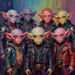apocalyptic scifi squalor goblin characters posing together for a professional group photo, psychedelic vibrant colors, futuristic punk rock fashion, oil painting by michael whelan art, perfect faces, sharp focus, detailed eyes, realistic, leather jackets, 8 k