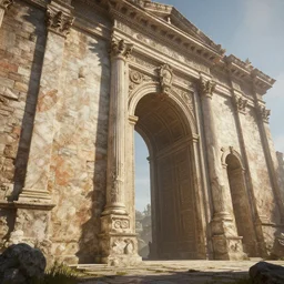close shot angle from below of giant luxurious ornated romanic marble brick wall with ornated giant open gates, atmospheric perspective, on a fantasy landscape by greg rutkowski, wayne barlowe and cristian sauret, 8 k
