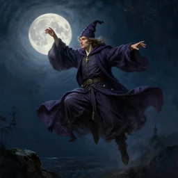 attractive male wizard magically floating in the night, fantasy, full moon in background. highly detailed painting by gaston bussiere, craig mullins, j. c. leyendecker, mid shot, 8 k
