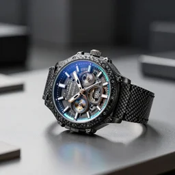 complex 3 d render of a futuristic watch lying on a table, minimalist design, high detail, sharp focus, iridescent glass, carbon fiber, glowing interior components, intricate detail, depth of field, bokeh, cinematic lighting and composition, octane render, film grain, art deco