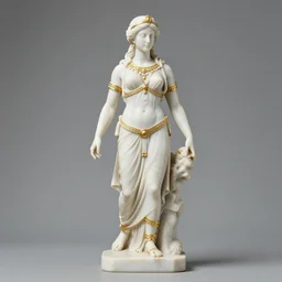 marble statue with gold trim of an amazonian warrior woman, grecian