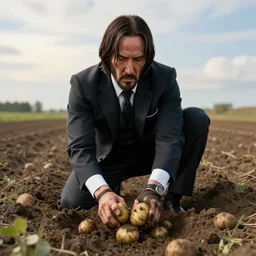 john wick digging potatoes in belarus, photorealistic, hyper detailed, hyper realistic, houdini, vfx, unreal engine 5, octane render, 8 k