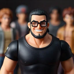 plastic action figure of a buff smiling man with long stubble, muscular neck, rectangular square shaped glasses and a black bowl cut, wearing a black tshirt, dramatic light, shallow depth of field, blur, out - of - focus background, by kim jung gi, ric estrada, ron english and eiichiro oda