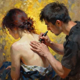 man making a tattoo on the back of a woman. painting by hashiguchi goyo