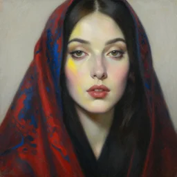hyperrealism oil painting, close - up fashion portrait of woman face in black robe, soft light, soft colors, red silk pattern mixed with blue forest and yellow light in front, in style of classicism mixed with 7 0 s sci - fi book art