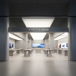 (brutalist flagship retail interior Samsung Microsoft Apple) XF IQ4, 14mm, f/1.4, ISO 200, 1/160s, 8K, RAW, unedited, symmetrical balance, architectural photography, in-frame