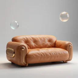 a futuristic cozy leather couch in a minimalistic room by wlop by jungyeonmin and james jean jhonseru jsezz artstation and greg rutkowski, with some wood and gold details, biomechanical minimalism, lens orbs, global illumination, lounge, volumetric lighting, granular detail, japandi, hyperrealist, micro details, blender, vray
