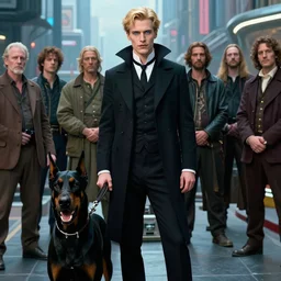 realistic detailed portrait movie shot of an elegant blond male vampire with an angry doberman on a leash, futuristic street background by denis villeneuve, amano, yves tanguy, alphonse mucha, max ernst, caravaggio, edward robert hughes, roger dean, rich moody colours, dog teeth, blue eyes