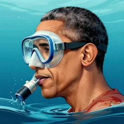 a profile photo of obama with a diving oxygen mask with side profile blood in ocean intricate details by MARVEL comics and Sandra Chevrier-C