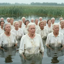 movie still by tarkovsky of a crowd of elder women in a dirty white dress drowned in a swamp with snow and birch, cinestill 8 0 0 t 3 5 mm eastmancolor, heavy grain, high quality, muddy, foggy