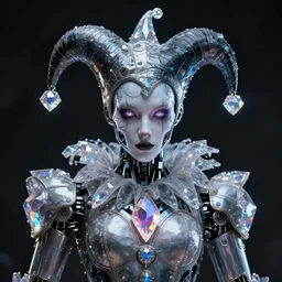 front shot of a court jester character, holographic crystals, bionic futurism, robotic cyborg, 8 5 mm f 1. 8, ominous elegant detailed concept artstation sharp focus ray tracing cinematic masterpiece fine portrait, by artgerm and greg rutkowski and tooth wu and beeple