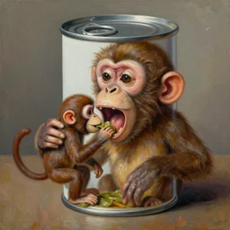 a tin can with a face and arms, opening its mouth to eat a miniature monkey, surrealist oil painting