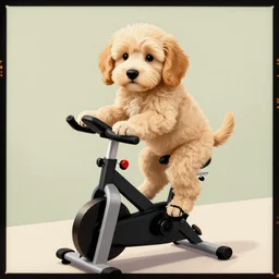 digital art, golden doodle puppy, riding a stationary bike, cute, artistic, fuji 8 0 0 film