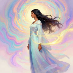 side profile, maya ali, wind sorcerer, gloomhaven, dota, robes, elegant, concept art, smooth, psychedelic, colorful swirly magic ripples, pastel colors, by greg rutkowski, jesper ejsing, ilya kuvshinov, artgerm, mucha