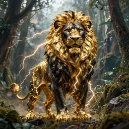 black lion god with fur made from gold lightnings surrounded by epic forest and mountains, epic cinematic shot, hyperdetails, 8k, by magali villeneuve and raphael lacoste