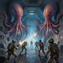 space soldiers shoot at giant alien squids inside the corridors of spaceship, cinematic, hyper detailed, digital painting, artstation, concept art, art by artgerm and mizutani shion, 8 k
