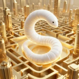 white worm energy creature. brass colored labyrinth cityscape. emissive and volumetric lighting. concept art wayne artstation 3 8 4 0 2 1 6 0