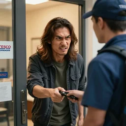 photo of asian man with long brown hair answering the door, furious, angry, at tesco groceries delivery man