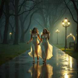 beautiful young ladies walking in the rain, singing skipping and dancing, art by anders zorn, wonderful masterpiece by greg rutkowski, beautiful cinematic light, american romanticism thomas lawrence, artgerm, mucha, greg rutkowski