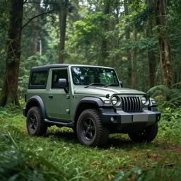 Mahindra thar, in the forest, plants environment, wide angle, cinematic lighting, atmospheric, realistic, octane render, highly detailed, color graded, in the style of craig mullins
