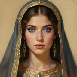portrait of saint alia atreides of the knife, her eyes are dark blue, blue eyes of the ibad, dune, strong arab culture inspiration, oriental, beautiful woman, science fiction, frank herbert, intricate, elegant, highly detailed, digital painting, artstation, concept art, sharp focus, illustration, art by artgerm and greg rutkowski and alphonse mucha