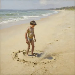 a full shot of a little man made of sand, standing on a beach, slowly eroding due to wind, subtle, intricate details, real masterpiece, oil on canvas, by leonid afremov
