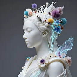 beautiful korean woman with a smooth carved white porcelain like skin, portrait, ivory profile face, futuristic haute couture draped in silk and electrical wire and alien flowers, glowwave, iris van herpin, headdress with technical objects, colorful puffballs, hyper detailed, ultra sharp, 8 k