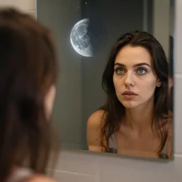 the woman is looking at her reflection in a bathroom mirror, reflection is a reflection of the moon and stars in the mirror, her eyes have beautiful blue and yellow