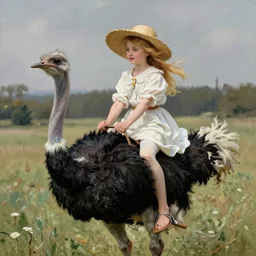 blond girl with straw hat riding an ostrich, bouguereau style