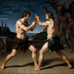 two men are fighting on a deck at night, a screenshot by michelangelo, featured on reddit, temporary art, renaissance painting, demonic photograph, ultra realistic