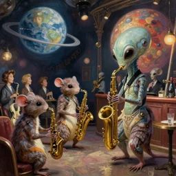 Alien rodents from another planet visit a jazz nightclub in Harlem in 1946, an epic painting, volumetric lighting, intricate, elegant, highly detailed, digital painting, artstation, concept art, smooth, sharp focus, art by Mort Kunstler