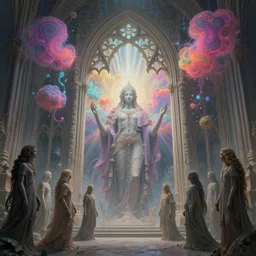 [ palate ] [ nebulous energy ] [ muted colors ] benevolent soul spirits congregating in front of an intricate giant gothic gateway, deity spirit at the gate, vibrant neon nebulous clouds, paisley pattern synapse clouds, symmetrical details, hyper realistic illustration, radiant light rays, photorealistic illustration, intricate and fine details, volumetric lighting, artstation