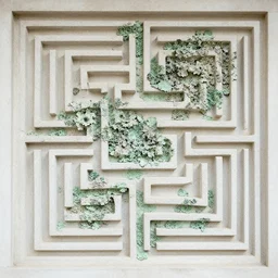 thin lines, fractals, lichen macro, serpentine twisty maze, carved soapstone ceiling relief paneling white and pale green, antoni gaudi