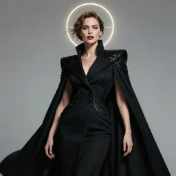 detailed portrait of kate beckinsale as beautiful lady in black coat, seductive confident pose, attractive feminine curves, intricate, futuristic, elegant cape, elegant, photorealism, trending on artstation, holy halo, advanced technology, art by moebius and vitaly bulgarov and peter mohrbacher