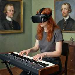 young redhaired woman wearing vr - brain - interface plays a modular synthesizer. painted by francis bacon, hieronymus bosch, giuseppe arcimboldo, albrecht durer, eric lacombe.