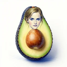 an avocado! with ( ( ( emma watson, detailed portrait photography ) ) ) as the seed, blue pen sketch, detailed