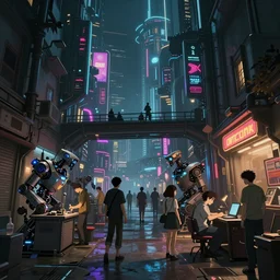 a beautiful concept art of cyberpunk 2 0 7 7 alleyway and futuristic city with people are working on cyber robotics creatures, by alena aenami and studio ghibli and alejandro burdisio, dark night, anime, manga, hyper detailed, vibrant, landscape, 8 k hdr, digital, artstation, cg