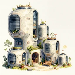 a beautiful illustration of futuristic slums, architecture, exterior, big medium small, golden ratio, in watercolor gouache detailed paintings, in style of syd mead, trending on artstation, 8 k, panel, hard surface, vent, zaha hadid, props, plant, cozy, decoration around the room, simon stalenhag, deus ex