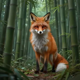 a fox spirit is hiding in a japanese bamboo forrest, eeyrie, horror, mystical, atmospheric, chinese watercolour, fantasy concept art by simon bisley, greg rutkowski, j. dickenson and victo ngai