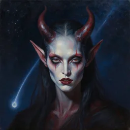 portrait of a demon fell from a starry sky like a meteor. by Daniel F. Gerhartz, hyperrealistic oil painting, 4k, studio lightning, very detailed faces