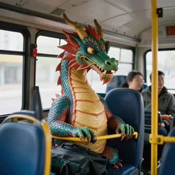 hyper realistic dragon commuting to work in a bus