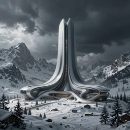 futuristic atmosphere in the snowy mountains dolomites 3 d concept art, cinematic lighting, bladerunner scene, rule of thirds, depth of field, intricate details, building by zaha hadid, stormy weather, emissary space by arthur haas and bruce pennington and john schoenherr, cinematic matte painting, dark moody monochrome colors, trending on artstation, featured on behance