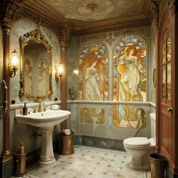 a photo of a concept architecture art house steampunk bathroom, style brutalism, extremely detailed, sharp focus, wide view, smooth, digital illustration, colorfull, by william turner, by alphonse mucha