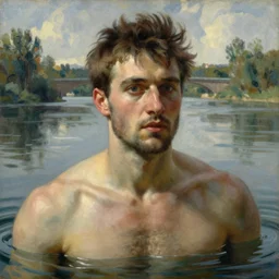 man by the river, muscular, detailed face, expressive face, painting by gaston bussiere, craig mullins